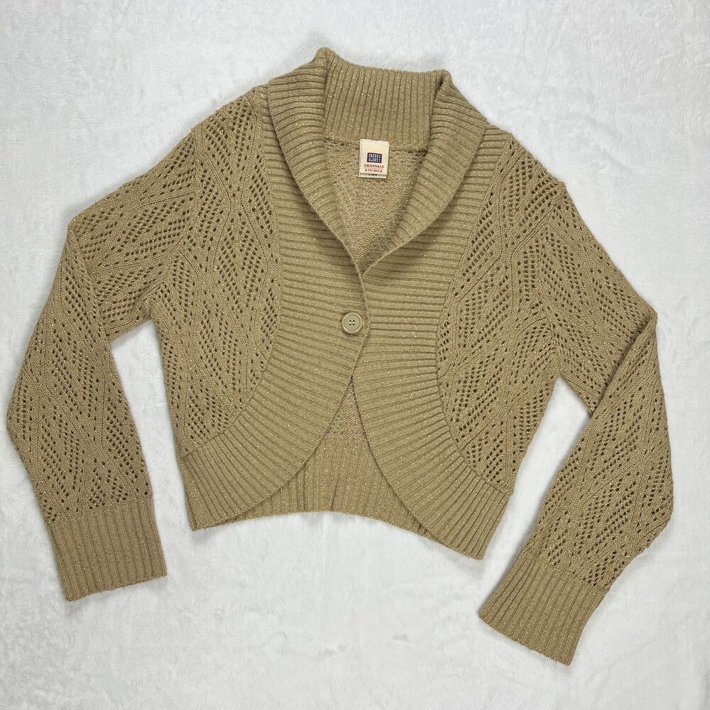 Vintage Faded Glory Made in USA Gold Metallic Cropped Shrug Cardigan Sweater L